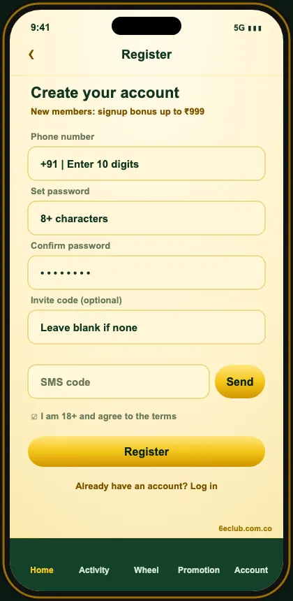 6E Club register screen